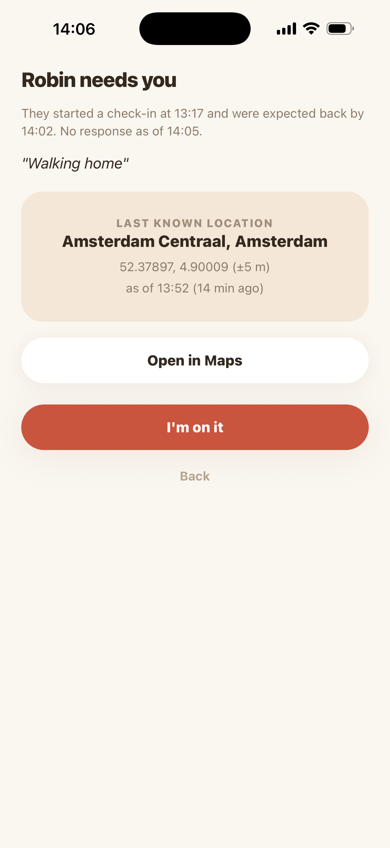 The alert a contact sees, with the reason, the last known location and how old that fix is, and a way to say they are on it.