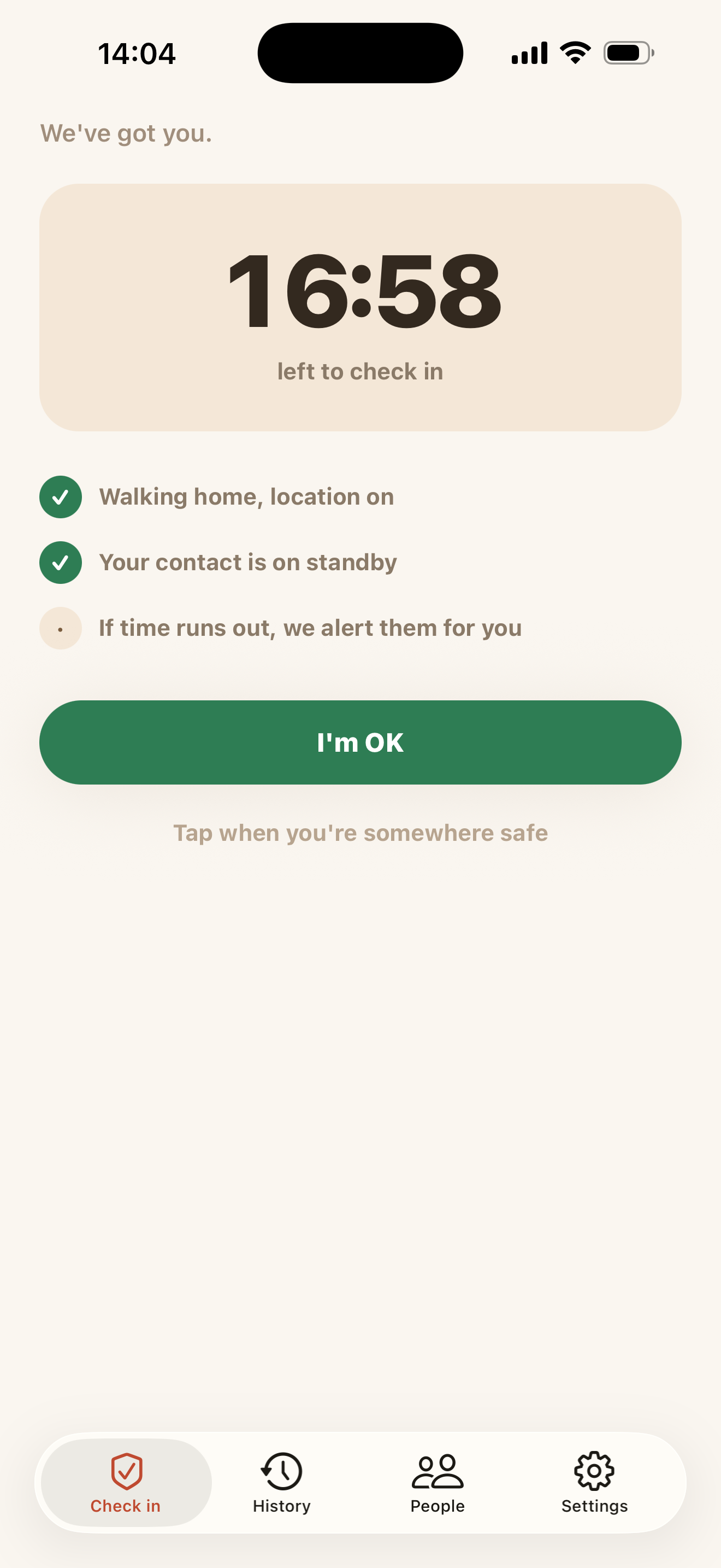 A running check-in with sixteen minutes left on the clock, and the button that confirms you are OK.