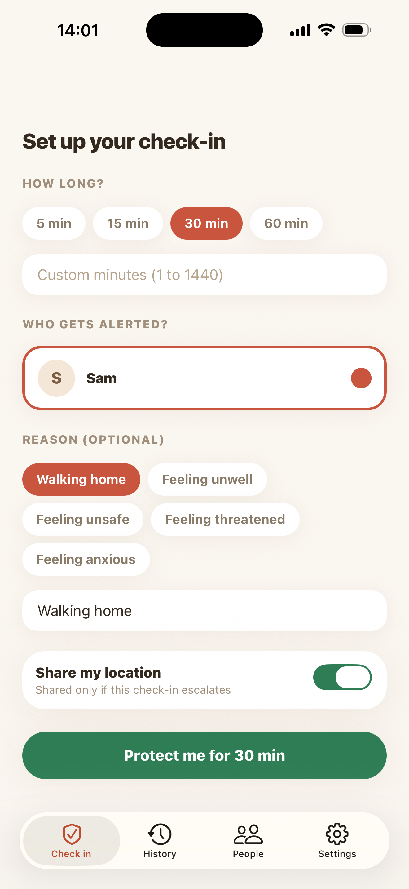 The check-in setup screen, with a thirty minute timer chosen, one contact selected to be alerted, a reason of walking home, and location sharing switched on for this check-in.